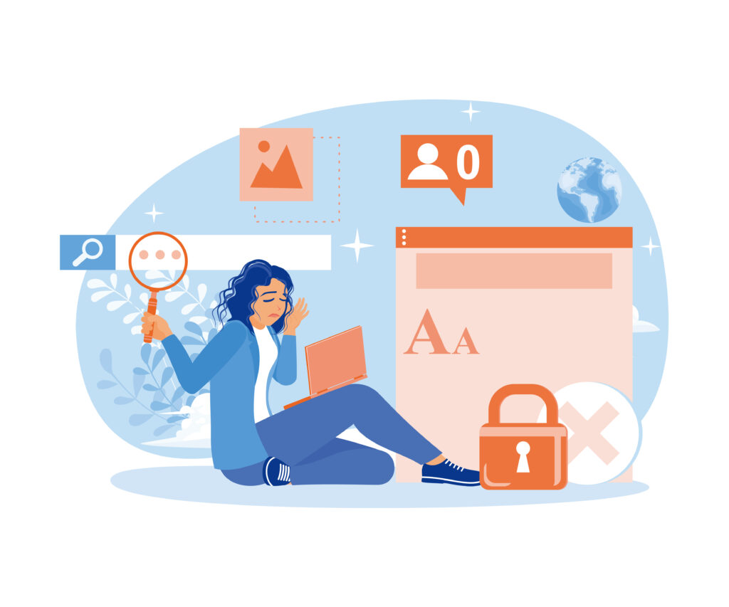 Une femme assise par terre, utilisant un ordinateur portable et une loupe pour des recherches SEO.